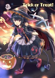 Rule 34 | 1girl, :q, alternate costume, asymmetrical wings, black cape, black dress, black gloves, black hair, black hat, black legwear, blue wings, blush, bow, bowtie, candy, cape, commentary request, dot nose, dress, english text, eyelashes, food, frilled dress, frills, full body, ghost, gloves, halloween, halloween bucket, halloween costume, hat, highres, holding, holding candy, holding food, holding lollipop, houjuu nue, kisamu (ksmz), lace trim, laevatein (tail), lollipop, musical note, pantyhose, red bow, red bowtie, red eyes, red wings, short hair, solo, star (symbol), striped clothes, striped legwear, striped pantyhose, tail, tombstone, tongue, tongue out, touhou, trick or treat, two-sided fabric, vertical-striped clothes, vertical-striped pantyhose, walking, wings, witch hat