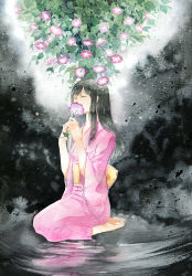 Rule 34 | 1girl, akoya (mushishi), amber t, barefoot, black background, black hair, closed eyes, covered mouth, facing viewer, flower, flower request, hands up, highres, holding, holding flower, inhaling, japanese clothes, kimono, leaf, long hair, long sleeves, mushishi, obi, painting (medium), pink flower, pink kimono, reflection, sash, seiza, sidelocks, sitting, smelling flower, solo, traditional media, water, watercolor (medium), wide sleeves, yellow sash