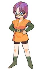 Rule 34 | 1girl, belt, bike shorts, blue eyes, chrono trigger, closed mouth, full body, gan2, glasses, highres, looking at viewer, lucca ashtear, purple hair, round eyewear, short hair, simple background, skirt, solo, white background