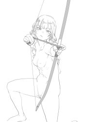 Rule 34 | 1girl, archery, arrow (projectile), blush, bow (weapon), breasts, completely nude, drawing bow, drill hair, female focus, female pubic hair, focused, foreshortening, groin, highres, holding bow (weapon), kneeling, long hair, medium breasts, monochrome, navel, nude, original, pubic hair, shimokori, sketch, solo, weapon, zenra