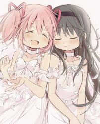 Rule 34 | 2girls, :d, ^ ^, absurdres, akemi homura, alternate costume, bare shoulders, black hair, black hairband, bow, bowtie, choker, closed eyes, closed mouth, collarbone, commentary, dress, english commentary, hair ribbon, hairband, highres, hitode, kaname madoka, long hair, mahou shoujo madoka magica, multiple girls, open mouth, pink hair, pink ribbon, ribbon, short hair, simple background, smile, two side up, wedding dress, white background, white bow, white bowtie, white choker, white dress