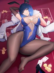 Rule 34 | absurdres, animal ears, areola slip, arm up, armpits, barefoot, black gloves, black pantyhose, blue hair, braid, breasts, brown legwear, card, casino card table, cleavage, cleavage cutout, clothing cutout, elbow gloves, fur trim, genshin impact, gloves, highres, large breasts, leotard, looking at viewer, lying, nail polish, navel, navel cutout, on back, pantyhose, playboy bunny, playing card, rabbit ears, soles, table, thighs, toes, ultra-13, yelan (genshin impact)