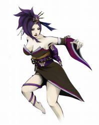 Rule 34 | 1girl, armpits, bare shoulders, breasts, cleavage, detached sleeves, dress, eyeshadow, female focus, hair ornament, hair up, legs, lips, lipstick, makeup, mole, nail polish, nanaman (pixiv312089), nouhime, purple hair, sengoku musou, sengoku musou 3, short hair, solo, strapless, strapless dress, white background