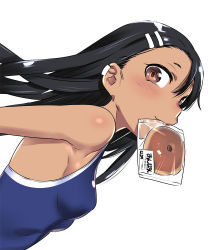 Rule 34 | 1girl, 774 (nanashi), black hair, breasts, brown eyes, commentary request, dark skin, dark-skinned female, earclip, food in mouth, hair ornament, hairclip, ijiranaide nagatoro-san, long hair, looking at viewer, mouth hold, nagatoro hayase, one-piece swimsuit, school swimsuit, simple background, small breasts, solo, swimsuit, upper body, white background