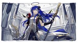 Rule 34 | 1girl, absurdres, apple, arknights, black dress, black gloves, blue eyes, blue hair, blue nails, commentary request, dress, food, fruit, gloves, halo, highres, holding, holding food, holding fruit, holding polearm, holding weapon, long hair, looking at viewer, mento, mostima (arknights), mostima (spellbreaker) (arknights), nail polish, parted lips, partially fingerless gloves, polearm, red apple, short sleeves, solo, spear, very long hair, weapon