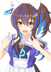 Rule 34 | 1girl, 2-butani, \m/, absurdres, animal ears, blue hair, bow, brown hair, colored inner hair, commentary request, daitaku helios (umamusume), double \m/, ear covers, ear piercing, facial tattoo, fang, hair between eyes, hair ornament, hairclip, highres, horse ears, horse girl, jewelry, multicolored hair, necklace, open mouth, piercing, purple bow, purple shirt, sailor collar, school uniform, shirt, simple background, smile, solo, streaked hair, summer uniform, tattoo, tracen school uniform, umamusume, upper body, white background, yellow eyes