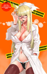 Rule 34 | 1girl, alternate color, alternate costume, bat wings, black panties, blonde hair, blunt bangs, blush, breasts, brown thighhighs, buttons, capcom, cleavage, demon girl, frilled panties, frills, glasses, hand in pocket, hat, head wings, heart, lab coat, large breasts, lipstick, long hair, makeup, midriff, morrigan aensland, mouth hold, naughty face, navel, nipple slip, nipples, no bra, nurse, nurse cap, ohshima ryo, ooshima ryou, open clothes, open mouth, open shirt, orange eyes, panties, red-framed eyewear, shirt, solo, standing, syringe, thighhighs, unbuttoned, underwear, uniform, vampire (game), very long hair, wings