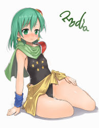 Rule 34 | 1990s (style), 1girl, aged down, blush, cape, character name, earrings, artistic error, final fantasy, final fantasy iv, flat chest, green eyes, green hair, jewelry, leotard, matching hair/eyes, nagase haruhito, retro artstyle, rydia (ff4), simple background, solo, thighs