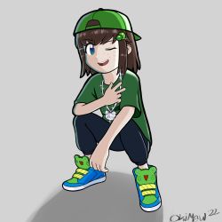 Rule 34 | 1girl, absurdres, animal print, artist name, backwards hat, baseball cap, blue eyes, blue footwear, blue legwear, blue shorts, brown hair, child, ears, female focus, freckles, frog, frog print, full body, gangster, green eyes, green footwear, green hair ornament, green hat, green shirt, grey background, hair ornament, hairclip, hat, highres, indie virtual youtuber, jewelry, lily hopkins, looking at viewer, medium hair, multicolored eyes, okimaw, one eye closed, open mouth, shirt, shorts, signature, silver neckwear, simple background, smile, solo, squatting, t-shirt, teeth, tongue, upper teeth only, wink