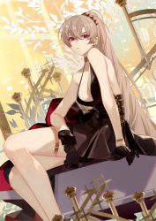 Rule 34 | 1girl, azur lane, backless dress, backless outfit, bare shoulders, black dress, black gloves, breasts, commission, cross, cross earrings, cup, dress, drinking glass, earrings, eyebrows hidden by hair, gloves, hair between eyes, half gloves, halter dress, halterneck, hand on own thigh, high ponytail, highres, jean bart (azur lane), jean bart (uninhibited bloodstone) (azur lane), jewelry, large breasts, long hair, official alternate costume, pixiv commission, platinum blonde hair, red eyes, sitting, solo, thigh strap, thighs, uyuyuun, very long hair, wine glass