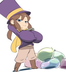Rule 34 | 1girl, a hat in time, arm up, balloon, blue eyes, blush stickers, boots, breast padding, breasts, brown hair, cape, hat, hat kid, long hair, looking at viewer, naughty face, ponytail, purple hat, raised eyebrows, simple background, smile, smug, solo, spicy bardo, top hat, white background, yellow cape, zipper