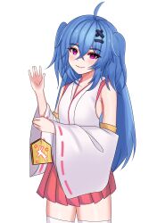 Rule 34 | 1girl, absurdres, ahoge, alternate costume, armpits, blue hair, blush, blush stickers, breasts, chiaki katsumi, commission, eyebrows, eyelashes, flat chest, hair ornament, hairclip, hand wave, highres, japanese clothes, knee up, long hair, looking at viewer, miko, neck, nose, pixellink, purple eyes, simple background, small breasts, smile, thighhighs, thighs, virtual youtuber, white background