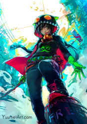 Rule 34 | 1girl, animal hood, bird, black hair, eyeshadow, fisheye placebo, gas mask, gloves, goggles, goggles on head, highres, hood, hoodie, jen (fisheye placebo), lipstick, looking at viewer, looking down, makeup, mask, mask around neck, paint can, paint splatter, parted lips, scarf, short hair, smile, solo, spray can, watermark, web address, yuumei