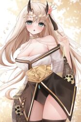 Rule 34 | 1girl, :o, absurdres, bare shoulders, black horns, black leotard, black ribbon, black thighhighs, blonde hair, blush, breasts, cleavage, commission, copyright request, diamond choker, flower, gold choker, green eyes, hair flower, hair ornament, hair ribbon, highres, horns, japanese clothes, kimono, large breasts, leotard, long hair, off shoulder, pink flower, ribbon, solo, thighhighs, thighs, white kimono, yumiewuri
