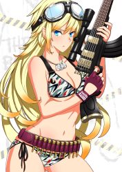 Rule 34 | 1girl, ammunition belt, bandolier, belt, bikini, blonde hair, blue eyes, breasts, camouflage, camouflage bikini, character print, che guevara, cleavage, closed mouth, clothes writing, cowboy shot, dog tags, english text, fingerless gloves, fusion, gloves, goggles, goggles on head, grey bikini, guitar, gun, holding, holding gun, holding instrument, holding weapon, instrument, katouken (ktn-works), large breasts, light frown, long hair, looking at viewer, multicolored hair, navel, orange hair, original, purple belt, purple gloves, scope, side-tie bikini bottom, solo, standing, streaked hair, swimsuit, weapon