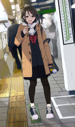 Rule 34 | 1boy, 1girl, badge, bag, bag charm, black pantyhose, blurry, blush, brown eyes, brown hair, button badge, cardigan, charm (object), coat, day, duffel coat, dutch angle, enpera, fringe trim, hair between eyes, hair ornament, hairclip, hand up, highres, long hair, looking at viewer, morifumi, open mouth, original, outdoors, pantyhose, pleated skirt, scarf, school bag, school uniform, serafuku, shadow, shoes, shoulder bag, skirt, smile, smiley face, sneakers, solo focus, standing, tactile paving, teeth, train station platform, white scarf