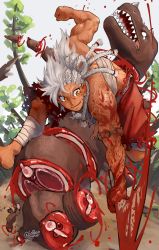 Rule 34 | 1boy, absurdres, animal, bandages, bandaged leg, bandages, bare shoulders, blood, blood on face, bloody weapon, bone, braid, closed mouth, crying, dated, death, dinosaur, grey hair, guro, highres, holding, holding sword, holding weapon, horns, male focus, muscular, no pupils, open mouth, orange eyes, original, outdoors, scar, sharp teeth, slashing, smile, snoozincopter, solo, sword, teeth, toenails, torn clothes, tree, twitter username, veins, weapon