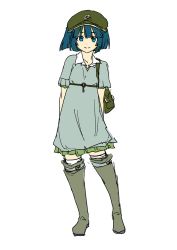 Rule 34 | 1girl, arms behind back, bag, blue eyes, blue hair, boots, casual, contemporary, dress, female focus, hat, kawashiro nitori, key, kitsune (kazenouta), matching hair/eyes, rubber boots, short hair, simple background, smile, solo, standing, thigh boots, thighhighs, touhou, twintails, two side up, white background