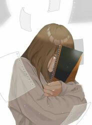 Rule 34 | 1girl, artist request, brown eyes, character request, closed eyes, closed mouth, copyright request, crying, holding, holding notebook, long hair, long sleeves, non-web source, notebook, paper, sad, shirt, solo, source request, tears, upper body, very long hair, white background, white shirt