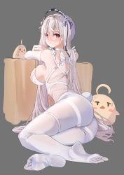 Rule 34 | 1girl, absurdres, ahoge, arm support, azur lane, bad id, bad pixiv id, blush, bow, breasts, cameltoe, cv-3 (dejiajia), dress, elbow gloves, artistic error, feet, foreshortening, formidable (azur lane), frills, gloves, grey hair, highres, large breasts, le malin (azur lane), le malin (listless lapin) (azur lane), long hair, looking at viewer, looking back, nipple slip, nipples, pantyhose, red eyes, revealing clothes, simple background, skindentation, solo, thighs, toes, very long hair, white bow, white pantyhose, wrong foot