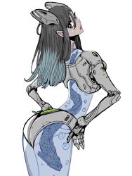 Rule 34 | 3girls, acky bright, air bubble, android, arched back, ass, black eyes, black hair, blue hair, bubble, dark-skinned female, dark skin, eel, from behind, gradient hair, hair between eyes, head tilt, headgear, highres, long hair, looking at viewer, mechanical arms, multicolored hair, multiple girls, original, pointy ears, science fiction, solo, water