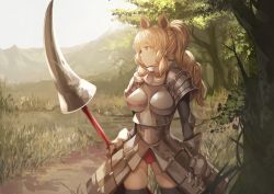 Rule 34 | 10s, 1girl, animal ears, armor, armored dress, black thighhighs, blonde hair, blurry, cowboy shot, day, depth of field, grass, holding, holding polearm, holding spear, holding weapon, kemono friends, koruse, long hair, longhorn lance, mountain, outdoors, panties, pantyshot, polearm, ponytail, red panties, rhinoceros ears, solo, spear, standing, thighhighs, tree, underwear, weapon, white rhinoceros (kemono friends)