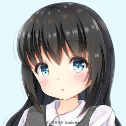 Rule 34 | 1girl, 2018, artist name, black hair, blue background, blue eyes, blush, collared shirt, commentary request, grey vest, hair between eyes, head tilt, inahori, official art, original, parted lips, portrait, shirt, sidelocks, simple background, solo, vest, white shirt