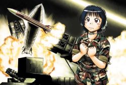 Rule 34 | 1girl, belt, black hair, brown eyes, camouflage, clenched hands, firing, headset, mc axis, military, military uniform, military vehicle, missile, sao satoru, short hair, sleeves rolled up, solo, sweatdrop, uniform, vehicle