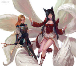 Rule 34 | 2girls, ahri (league of legends), animal ears, armor, armored boots, artist name, black hair, blonde hair, blue eyes, boots, breastplate, breasts, camlet, cleavage, detached sleeves, fox ears, fox tail, hairband, league of legends, long hair, lux (league of legends), multiple girls, multiple tails, skirt, staff, tail, yellow eyes