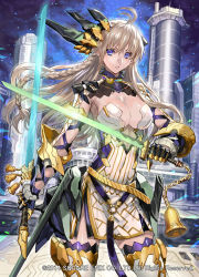 Rule 34 | 1girl, antenna hair, bell, blonde hair, boots, braid, breasts, character request, dual wielding, covered erect nipples, female focus, gauntlets, guns n&#039; souls, hair between eyes, headgear, holding, large breasts, official art, parted lips, purple eyes, ran&#039;ou (tamago no kimi), solo, sword, thigh boots, thighhighs, weapon, zettai ryouiki