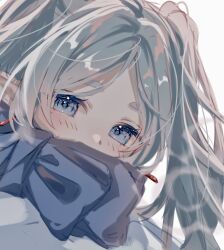 Rule 34 | 1girl, blue eyes, blue scarf, blush, commentary request, covered mouth, earrings, elf, frieren, highres, jewelry, long hair, looking at viewer, nikoto1225, pointy ears, portrait, scarf, simple background, solo, sousou no frieren, twintails, white background, white hair