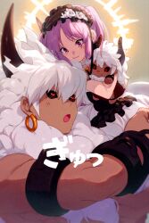 Rule 34 | 1boy, 1girl, asterios (fate), chain, character doll, cow horns, earrings, echo (circa), euryale (fate), fate/grand order, fate (series), halo, horns, jewelry, open mouth, pink eyes, pink hair, red eyes, smile, stuffed toy, white hair
