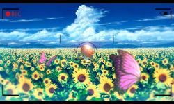 Rule 34 | 1girl, blue sky, bug, butterfly, cloud, cloudy sky, commentary request, day, dress, english text, field, flower, flying, highres, holding, insect, landscape, mountain, nature, orange umbrella, original, plant, purple butterfly, scenery, shuu illust, sky, sunflower, transmission tower, viewfinder, white dress, yellow flower