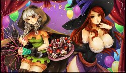 Rule 34 | 2girls, balloon, bare shoulders, belt, braid, breasts, brown eyes, cake, cape, cleavage, curtains, detached sleeves, dragon&#039;s crown, elf, elf (dragon&#039;s crown), finger to mouth, food, fruit, gloves, grey hair, happy birthday, hat, huge breasts, long hair, multiple girls, omocha-san, parted lips, party popper, pointy ears, red hair, sash, side slit, small breasts, sorceress (dragon&#039;s crown), strawberry, thighhighs, twin braids, v, watermark, web address, witch hat