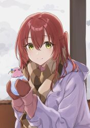 Rule 34 | &gt; &lt;, 1girl, blush, bocchi the rock!, brown scarf, closed mouth, coat, gotoh hitori, gotoh hitori (octopus), green eyes, hair between eyes, highres, jacket, kanaria hisagi, kita ikuyo, long hair, long sleeves, looking at viewer, mittens, one side up, open clothes, open coat, pink hair, pink jacket, purple coat, red hair, red mittens, scarf, smile, solo