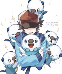 Rule 34 | 1boy, blue jacket, brown hair, commentary request, creatures (company), game freak, gen 5 pokemon, hat, highres, hilbert (pokemon), holding, holding pokemon, hood, hood down, hooded jacket, jacket, kienai 11, long sleeves, male focus, nintendo, on head, open mouth, oshawott, poke ball print, pokemon, pokemon (creature), pokemon bw, pokemon on head, red headwear, short hair, smile, sparkle, white background