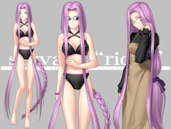 Rule 34 | 00s, 1girl, bikini, braid, breasts, cleavage, cowboy shot, fate/stay night, fate (series), female focus, full body, glasses, grey background, long hair, medusa (fate), medusa (rider) (fate), multiple views, official alternate costume, purple hair, square pupils, standing, swimsuit, very long hair
