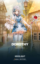 Rule 34 | 1girl, artist request, basket, character name, closed mouth, company name, copyright name, dorothy (grimlight), duplicate, english text, fairy, full body, grey hair, grimlight, high heels, highres, holding, holding basket, holding staff, leg up, long hair, looking at viewer, official art, pixel-perfect duplicate, short sleeves, smile, solo, staff, standing, standing on one leg, thighhighs, white thighhighs, wrist cuffs