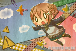 Rule 34 | 1girl, bird, blush, brown hair, chibi, collage, flying, ga geijutsuka art design class, hair ornament, hairclip, jacket, noda miki, o o, open mouth, outstretched arms, school uniform, semausa, short hair, skirt, smile, solo, spread arms, thighhighs, track jacket