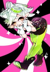 Rule 34 | 1girl, :o, bad id, bad twitter id, breasts, cleavage, detached collar, dress, earrings, gloves, green pantyhose, inkling, isojin, jewelry, leaning forward, marie (splatoon), mole, mole under eye, nintendo, object on head, open mouth, pantyhose, pointy ears, short hair, simple background, small breasts, solo, splatoon (series), splatoon 1, strapless, strapless dress, tentacle hair, white gloves, white hair