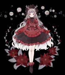 Rule 34 | 1girl, antlers, black footwear, bonnet, brown eyes, christmas, commentary, dress, female focus, flower, frilled dress, frills, full body, goth fashion, gradient hair, grey hair, horns, lolita fashion, long hair, looking at viewer, multicolored hair, myaco9, original, poinsettia, red dress, red flower, solo, symbol-only commentary, very long hair, white hair, wide sleeves
