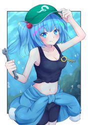 Rule 34 | 1girl, absurdres, adjusting clothes, adjusting headwear, air bubble, arm up, black shorts, black tank top, blue eyes, blue hair, blue pupils, blue shirt, blush, border, breasts, bubble, cleavage, closed mouth, collarbone, commentary, cowboy shot, flat cap, front-tie top, green hat, grey hat, hair bobbles, hair ornament, hand on headwear, hat, highres, holding, holding wrench, kawashiro nitori, key, large breasts, long sleeves, looking at viewer, midriff, navel, ramie (ramie541), shirt, short twintails, shorts, sidelocks, skirt, skirt set, smile, solo, tank top, tied shirt, touhou, twintails, two side up, underwater, wrench