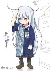 Rule 34 | 10s, ahenn, barcode scanner, black legwear, blue eyes, blush, brown hair, commentary request, employee uniform, fleeing, flying sweatdrops, from behind, full body, hibiki (kancolle), kaga (kancolle), kantai collection, lawson, long hair, no mouth, oversized clothes, pleated skirt, skirt, standing, tasuki, twitter username, uniform, white background, white hair