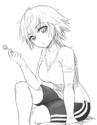 Rule 34 | 1girl, ahoge, bike shorts, breasts, candy, character request, cleavage, food, greyscale, large breasts, lollipop, looking at viewer, monochrome, onsoku inu, open mouth, short hair, sitting, sketch, solo, v-neck