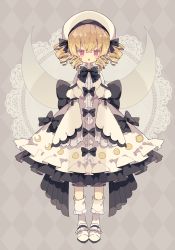 Rule 34 | 1girl, argyle, argyle background, argyle clothes, blonde hair, blush, dress, drill hair, fairy, fairy wings, frilled dress, frilled sleeves, frills, full body, hair between eyes, hat, highres, long hair, luna child, nikorashi-ka, open mouth, pink eyes, shoes, sleeves past fingers, sleeves past wrists, solo, touhou, twin drills, white dress, white footwear, white hat, wide sleeves, wings
