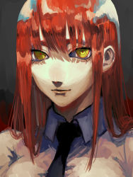 Rule 34 | 1girl, absurdres, alternate hair length, alternate hairstyle, black necktie, bonjindaaa, chainsaw man, collared shirt, grey background, highres, long hair, looking at viewer, makima (chainsaw man), necktie, red hair, ringed eyes, shirt, simple background, solo, white shirt, yellow eyes