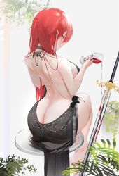 Rule 34 | 1girl, alcohol, ass, back, bare back, bare legs, barefoot, breasts, butt crack, chucolala, cleavage, cup, dress, drinking glass, dropping, from behind, green eyes, highres, hiseki erio, holding, holding cup, jewelry, long hair, macrazy, macrazy, necklace, red hair, sitting, solo, sword, virtual youtuber, weapon, wine, wine glass