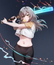 Rule 34 | 1girl, artist name, baseball bat, black pants, breasts, blowing bubbles, chewing gum, commentary, cowboy shot, cropped shirt, foxyreine, grey hair, highres, holding, holding weapon, honkai: star rail, honkai (series), large breasts, long hair, looking at viewer, navel, no bra, pants, patreon logo, patreon username, short sleeves, simple background, solo, stelle (honkai: star rail), trailblazer (honkai: star rail), underboob, watermark, weapon, web address, yellow eyes, yoga pants