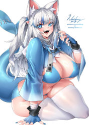 Rule 34 | 1girl, alternate breast size, alternate costume, animal ear fluff, animal ears, artist name, bikini, blue bikini, blue eyes, blue gloves, blue hair, breasts, cat ears, cleavage, curvy, fins, fish tail, gawr gura, gloves, highres, hololive, hololive english, huge breasts, long hair, looking at viewer, multicolored hair, naidong (artist), nail polish, navel, open mouth, ponytail, shark girl, shark tail, sharp teeth, shrug (clothing), silver hair, sitting, smile, solo, streaked hair, swimsuit, tail, teeth, thick thighs, thighhighs, thighs, virtual youtuber, white background, white thighhighs