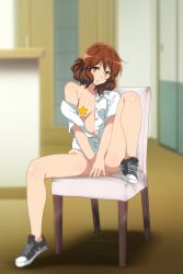 Rule 34 | 1girl, breasts, brown eyes, brown hair, censored, chair, covering privates, covering crotch, female focus, full body, hibike! euphonium, highres, looking at viewer, medium hair, one breast out, oumae kumiko, sbel02, sitting, solo, spread legs, star censor, tennis, unbuttoned, unbuttoned shirt